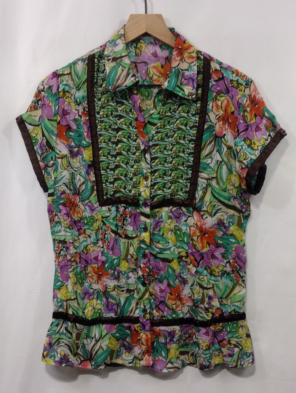 NY Collection Floral Ruched Short-Sleeve Blouse Womens M Green Artsy Retro 90s